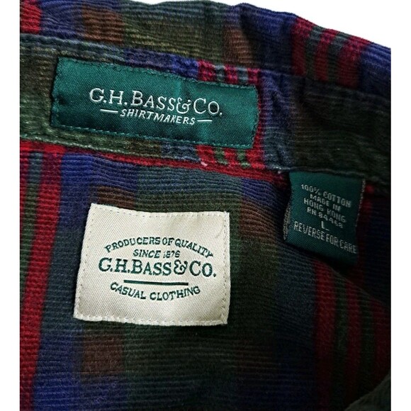 Corduroy Shirt Mens Large Red Green Button Up Check GH Bass Vintage Tartan - Picture 3 of 7